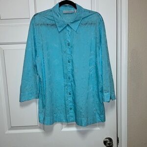 Sag Harbor Pretty Aqua Floral Button Front Top Size 1X